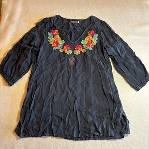 Johnny Was Embroidered Tunic Top XS Cupra Rayon‎ Floral Bohemian Blouse